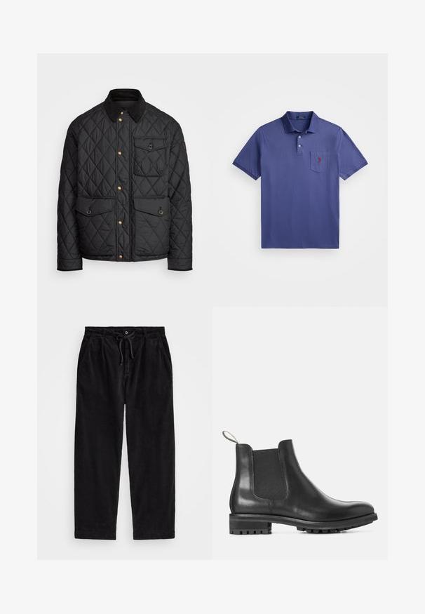 Casaco acolchoado preto com colarinho de veludo cotelê, botões de pressão dourados, dois bolsos frontais e um bolso no lado esquerdo, apresentando um patch de logotipo.; Camisa polo roxa feita de algodão, com uma pala de três botões, mangas curtas e um bolso no peito com um bordado de logo vermelho.; Calças de veludo cotelê pretas com um ajuste relaxado, apresentando uma cintura elástica com cordão e bolsos laterais. O tecido apresenta uma textura canalizada.; Bota Chelsea de couro preto com painel lateral elástico, bico arredondado e sola de borracha com um padrão texturizado para aderência.