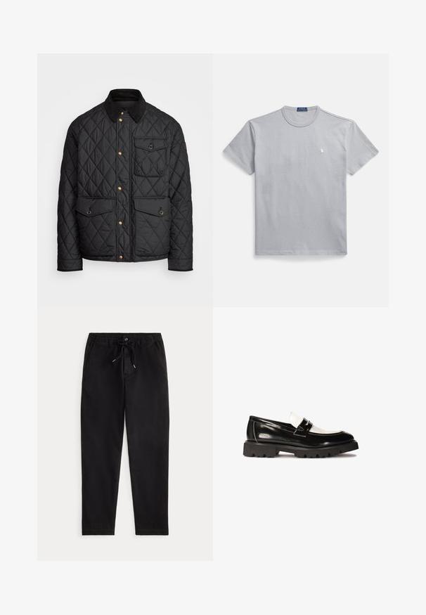 Giacca nera trapuntata con colletto in corduroy, bottoni a pressione dorati, due tasche frontali e una tasca sul lato sinistro, con un patch del logo.; Maglietta grigia in cotone con collo rotondo, maniche corte e piccolo logo bianco sul lato sinistro del petto. Tessuto liscio e vestibilità rilassata.; Pantaloni casual neri con vita elastica, laccio regolabile, bottone frontale e tasche laterali, esposti su uno sfondo neutro.; Mocassini in vernice nera con accento in pelle bianca, suola in gomma nera dal battistrada spesso e dettagli cuciti. Texture liscia con una finitura lucida.