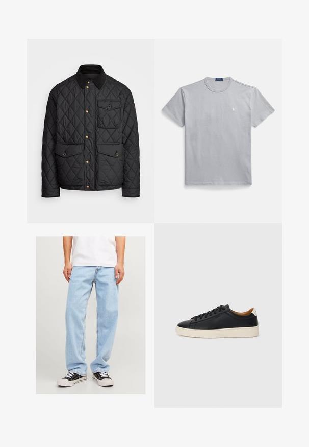 Casaco acolchoado preto com colarinho de veludo cotelê, botões de pressão dourados, dois bolsos frontais e um bolso no lado esquerdo, apresentando um patch de logotipo.; T-shirt cinzenta de algodão com gola redonda, mangas curtas e um pequeno logótipo branco no peito esquerdo. Textura suave e corte confortável.; Calças de ganga de tom azul claro com um ajuste descontraído, apresentando um design de perna reta e costuras padrão, combinadas com ténis pretos.; Tenis de couro preto com uma textura suave, sola de borracha bege, design de atar e um destaque no calcanhar em contraste.