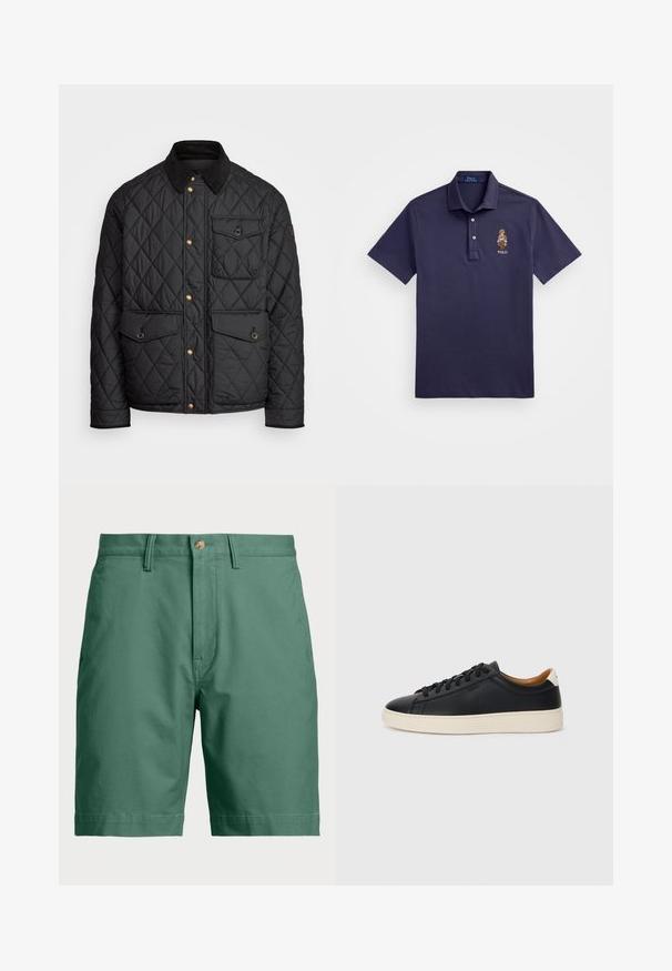Melnā quiltota jaka ar velveteena apkakli, zeltītām spiedpogas, divām priekšējām kabatām un kabatu kreisajā pusē, ar logotipa uzlīmi.; Polo Ralph Lauren CUSTOM SLIM POLO BEAR MESH POLO SHIRT - Polo krekls - faded blue bear; Zaļi kokvilnas šorti ar pogu aizdari un jostas cilpām. Vienkāršs dizains ar taisnu griezumu un bez redzamām rakstām vai akcentiem.; Melni ādas sporta apavi ar gludu tekstūru, bēša krāsas gumijas zole, auklu aizdare un kontrastējošs papēža akcents.
