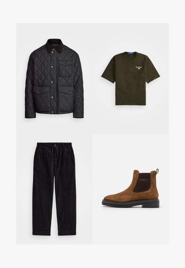 Fekete steppelt dzseki corduroy gallérral, arany snap gombokkal, két elülső zsebbel és egy bal oldali zsebbel, logó jelvénnyel.; Olívazöld, rövid ujjú póló, kerek nyakkal, bal mellen hímzett "POLO SPORT" logóval, amely amerikai zászló részlettel rendelkezik.; Fekete kordbársonyfelső nadrág laza szabással, rugalmas derékpánttal és húzózsinórral, valamint oldalsó zsebekkel. Az anyag bordás textúrájú.; Barna velúr bokacsizma kerek orral és rugalmas oldalsó panelekkel. Fekete texturált részlet jellemzi, valamint hátsó húzóhurok. Fekete talp.