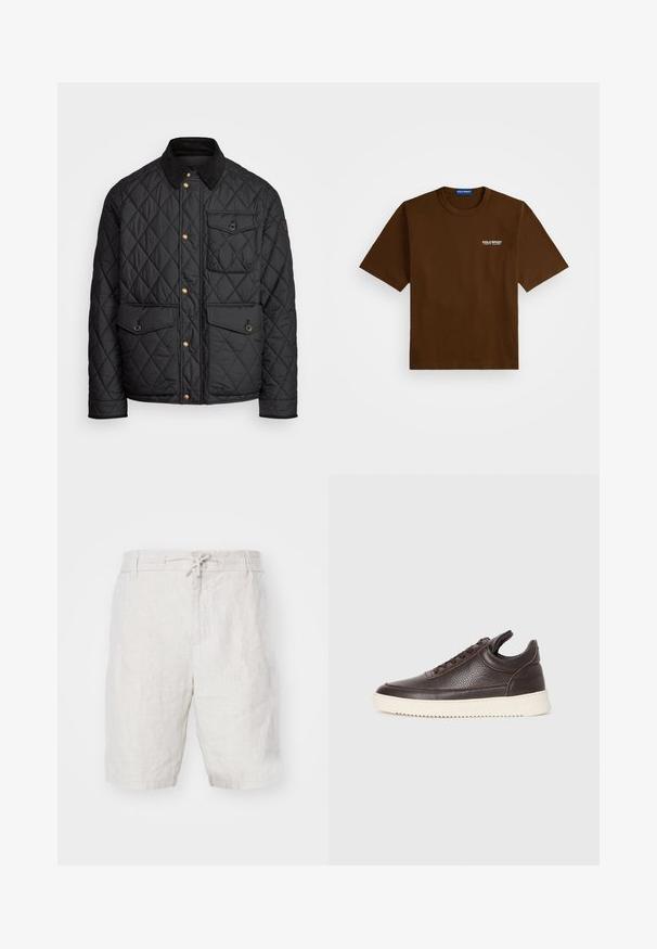 Veste noire matelassée avec un col en velours côtelé, des boutons-pression dorés, deux poches avant et une poche sur le côté gauche, avec un patch logo.; T-shirt beige à manches courtes avec le logo blanc "Polo Sport Ralph Lauren" sur la poitrine gauche et une étiquette bleue à l'intérieur du col.; NN.07 SEB - Short - beige; Baskets en cuir texturé brun foncé avec un dessus à lacets et une semelle en caoutchouc blanc striée sur un fond clair et uni.