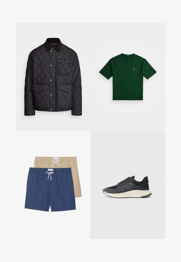 Chaqueta negra acolchada con cuello de pana, botones de presión dorados, dos bolsillos frontales y un bolsillo en el lado izquierdo, con un parche de logo.; Polo Ralph Lauren RELAXED FIT LOGO JERSEY T-SHIRT - Camiseta estampada - northwest pine; Dos pares de bañadores: uno en azul marino y otro en caqui, con cinturillas elásticas, detalles de cordón y bolsillos laterales.; Zapatilla deportiva negra con parte superior de malla perforada, una entresuela texturizada en color crema y una suela de goma para mayor tracción.