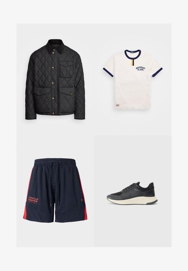 Črna prešita jakna s čimprijem ovratnikom, zlatimi gumbki, dvema sprednjima žepoma in enim žepom na levi strani, ki vsebuje žepno nalepko.; Bela bomba majica iz bombaža s temno modrim okroglim izrezom in dodatki na rokavih. Ima detajl s majhnim rumenim gumbom in vezenino "NORTHEAST RL ATHL."; Temno modri mrežasti šortsi z rdečimi stranskimi paneli. Imajo elastičen pas in vrvico za zategovanje. Vključujejo izvezeno logotip na levem stegnu.; Črne športne superge z mrežasto zgornjico z perforacijami, teksturiranim srednjim delom v kremni barvi in gumijastim podplatom za oprijem.