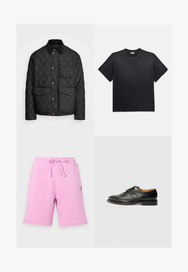 Črna prešita jakna s čimprijem ovratnikom, zlatimi gumbki, dvema sprednjima žepoma in enim žepom na levi strani, ki vsebuje žepno nalepko.; Črna bombažna majica s kratkimi rokavi in okroglim izrezom. Ima sproščen kroj, gladko teksturo in minimalističen dizajn.; Roza bombažna kratka hlače z elastičnim pasom in nastavljivo vrvico. Imajo stranski žep in majhen logotip.; Črne usnjene oblečne čevlje z gladko površino, zaobljenim nosom in minimalnim vezanjem. Imajo diskretnem oblikovanju in nizkim, trdim gumijastim podplatom.