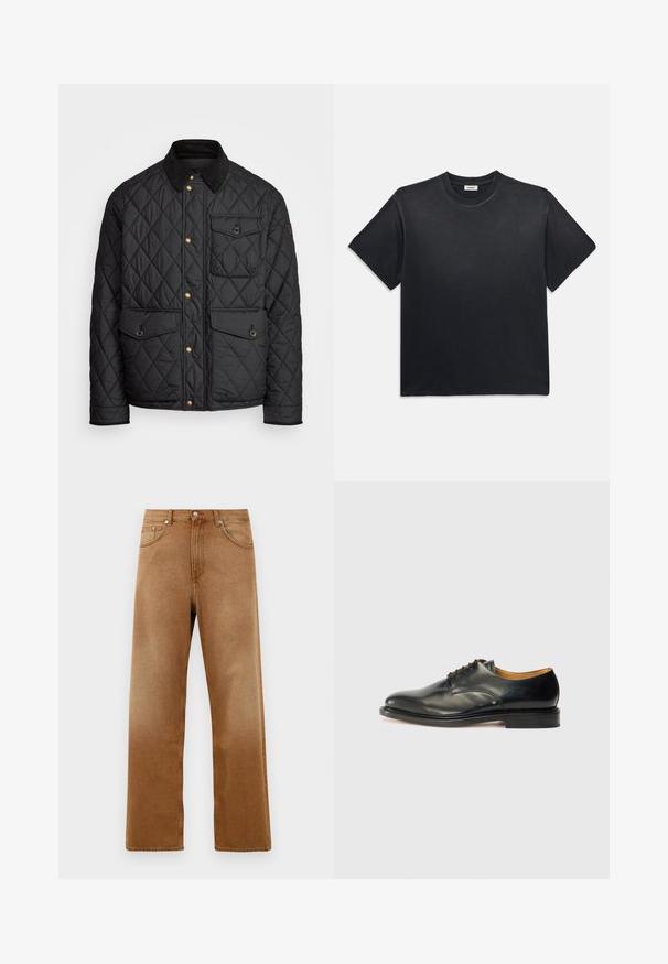 Juodas margintas paltas su kanapių apykakle, auksiniais spaudžiamais mygtukais, dviem priekinių didelėms kišenėms ir kišene kairėje pusėje, su logotipo etikete.; Juodas medvilninis marškinėliai su apvaliu kaklu ir trumpomis rankovėmis. Turi laisvą siluetą, lygią tekstūrą ir minimalistinį dizainą.; Rudos džinsai plačiais šonais su aukštu liemeniu, kurie turi dvi priekinės kišenes, sagčių užsegimą ir subtilią tekstūrą. Nėra matomų raštų ar akcentų.; Juodas odinis suknelės batelis su lygiu paviršiumi, apvalia nosimi ir minimaliai surišamais raišteliais. Joje yra subtilus dizainas ir žemas, tvirtas gumos padas.