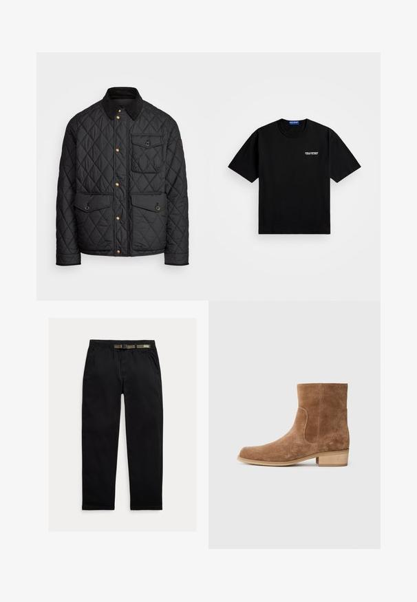 Zwarte gewatteerde jas met een corduroy kraag, gouden drukknoopsluitingen, twee voorzakken en een zak aan de linkerkant, voorzien van een logo patch.; Zwarte katoenen T-shirt met een ronde halslijn en korte mouwen. Kenmerkt het 'POLO SPORT'-logo op de linker borst in het wit. Standaard pasvorm.; Zwarte broek van lichtgewicht stof, met een elastische tailleband en een geïntegreerde groene riem, recht model en zijzakken.; Bruine leren enkelboots van suede met een licht afgeronde neus, lage gestapelde houten hak, elastische zijpanelen en een gladde stiksels langs de naden.