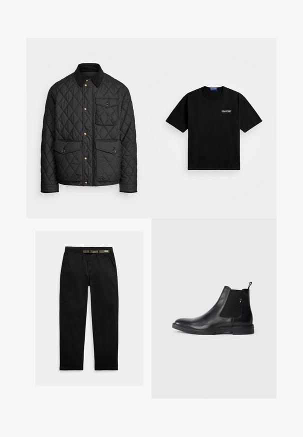 Černá prošívaná bunda s kordovým límcem, zlatými patentkami, dvěma předními kapsami a jednou kapsou na levé straně, která obsahuje nášivku s logem.; Černé bavlněné tričko s kulatým výstřihem a krátkým rukávem. Na levé hrudi se nachází bílé logo "POLO SPORT". Standardní střih.; Černé kalhoty vyrobené z lehkého materiálu, s elastickým pasem a integrovaným zeleným páskem, rovného střihu a bočními kapsami.; Černé kožené Chelsea boty s elastickými bočními panely, poutkem a plochou gumovou podrážkou. Hladký povrch s minimálními detaily.