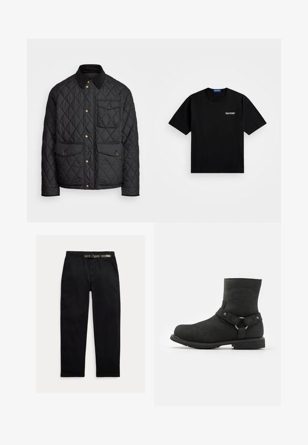 Crni quiltani kaput s ovratnikom od fiksa, zlatnim dugmadi na preklop, dva prednja džepa i džepom s lijeve strane, s logom na zakrpi.; Crna pamučna majica s okruglim izrezom i kratkim rukavima. Na lijevoj strani prsiju ima "POLO SPORT" logo u bijeloj boji. Standardna veličina.; Crne hlače izrađene od laganog materijala, s elastičnim pojasom i integriranim zelenim remenom, ravnog kroja i bočnim džepovima.; Harley Davidson SCOUT RVLTN RIDING APPROVED - Kaubojske/motorističke gležnjače - black