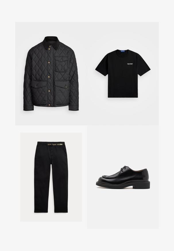 Giacca nera trapuntata con colletto in corduroy, bottoni a pressione dorati, due tasche frontali e una tasca sul lato sinistro, con un patch del logo.; T-shirt in cotone nero con scollo rotondo e maniche corte. Caratterizzato dal logo "POLO SPORT" in bianco sul lato sinistro del petto. Vestibilità standard.; Pantaloni neri in tessuto leggero, dotati di una cintura elastica integrata di colore verde, taglio dritto e tasche laterali.; Scarpe in pelle nera con punta tonda, dettagli cuciti, lacci minimi e suola spessa in gomma per trazione e durata.