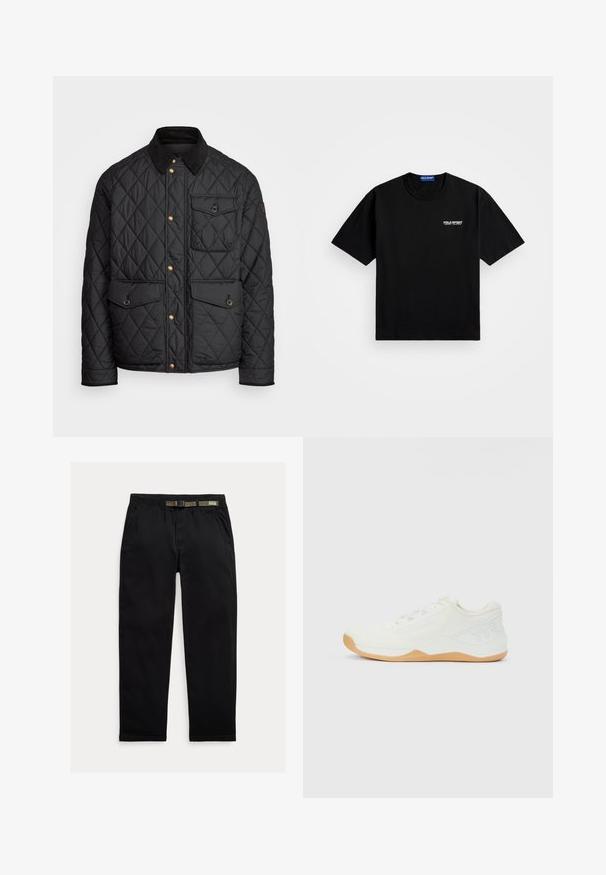 Schwarze gesteppte Jacke mit einem Cordkragen, goldenen Druckknöpfen, zwei Fronttaschen und einer Tasche auf der linken Seite, die ein Logopatch aufweist.; Schwarzes Baumwoll-T-Shirt mit Rundhalsausschnitt und kurzen Ärmeln. Mit "POLO SPORT"-Logo auf der linken Brust in Weiß. Normale Passform.; Schwarze Hose aus leichtem Material, mit einem elastischen Bund und einem integrierten grünen Gürtel, geradem Beinabschluss und seitlichen Taschen.; Weiße, niedrige Sportschuhe mit gestricktem Obermaterial, beige Gummisohle, Schnürsenkeln und erhabenem "TYR"-Logo an der Ferse.