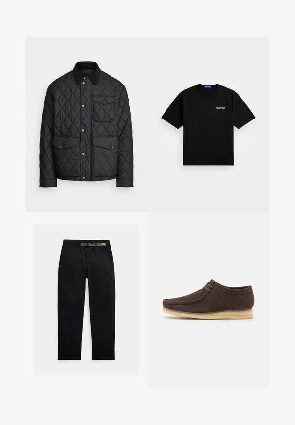 Fekete steppelt dzseki corduroy gallérral, arany snap gombokkal, két elülső zsebbel és egy bal oldali zsebbel, logó jelvénnyel.; Fekete pamut póló kerek nyakkivágással és rövid ujjakkal. Bal mellen fehér "POLO SPORT" logóval rendelkezik. Normál fazon.; Fekete nadrág, könnyű anyagból készült, elasztikus derékpánttal és beépített zöld övvel, egyenes lábvonallal és oldalsó zsebekkel.; Barna velúr cipő sima felülettel, kerek orral és minimalista dizájnnal. Világos színű gumitalp és kontrasztos fűző részlet jellemzi.