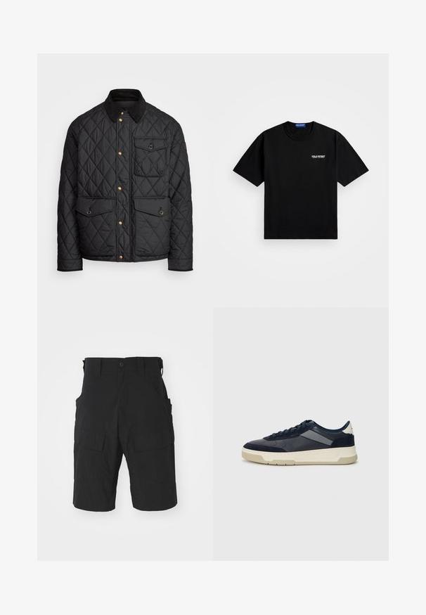 Czarna pikowana kurtka z kołnierzem z sztruksu, złotymi zatrzaskami, dwoma przednimi kieszeniami oraz kieszenią po lewej stronie, z naszywką z logo.; Czarna bawełniana koszulka z okrągłym dekoltem i krótkimi rękawami. Posiada logo "POLO SPORT" na lewej piersi w kolorze białym. Standardowy krój.; Czarne szorty cargo wykonane z lekkiego materiału, z wieloma kieszeniami, z zapięciem na guzik oraz luźnym krojem sięgającym do kolan.; BOSS BALTIMORE niebieski