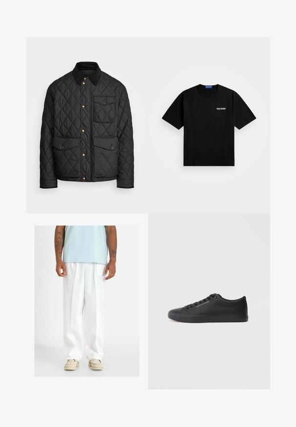 Sort quiltet jakke med en corduroy krave, guld trykknapper, to frontlommer og en lomme på venstre side, udstyret med et logo patch.; Sort bomulds t-shirt med rund halsudskæring og korte ærmer. Har "POLO SPORT" logoet på venstre bryst i hvid. Standard pasform.; Hvide brede bukser med en glat tekstur, der har forkantfald. Bruges med en lyseblå top og beige sko.; Tommy Hilfiger VULC LOW - Sneakers - triple black