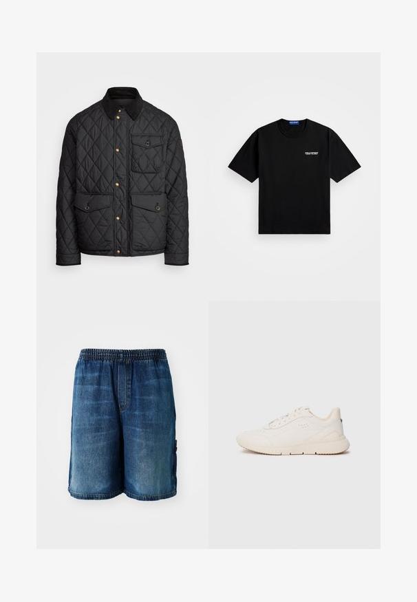 Črna prešita jakna s čimprijem ovratnikom, zlatimi gumbki, dvema sprednjima žepoma in enim žepom na levi strani, ki vsebuje žepno nalepko.; Črna bombažna majica s krožnim izrezom in kratkimi rokavi. Na levi strani prsnega dela je belo logo "POLO SPORT". Standardna velikost.; Jean kratke hlače z elastičnim pasom, skrajšane nad kolenom, v srednji modri barvi, z rahlim bledenjem in stranskimi žepi.; Bela superga, izdelana iz teksturiranega materiala, s gladkim podplatom, vezanjem spredaj in subtilnim logotipom na peti. Minimalistična zasnova.