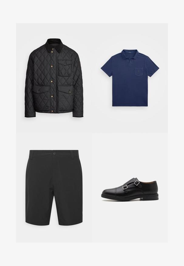 Čierna prešívaná bunda s kordovým golierom, zlatými cvokovými gombíkmi, dvoma prednými vreckami a vreckom na ľavej strane, so záplatou loga.; Námořnická modrá polo košile s krátkým límcem, náprsní kapsou a vyšitým logem. Vyrobena z měkké, strukturované tkaniny.; Čierne šortky z ľahkého materiálu, so zapínaním na gombík, rovný strih, a bočnými vreckami. Hladká textúra a dĺžka nad kolená.; Čierne kožené formálne topánky s dvojitým prackovým zapínaním, okrúhlou špičkou, jemným prešívaním a plochou, textúrovanou gumovou podrážkou.