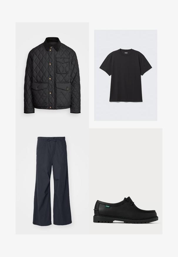 Sort quiltet jakke med en corduroy krave, guld trykknapper, to frontlommer og en lomme på venstre side, udstyret med et logo patch.; Sort kortærmet t-shirt lavet af bomuld. Har en rund halsudskæring og en afslappet pasform. Enkel design uden synlige mønstre eller accenter.; Bredde bukser i ensfarvet sort stof med en elastisk talje og snor, samt to sidelommer. Glat tekstur og afslappet design.; Sort lædersko med lav profil, rund tå og struktureret sål. Har et grønt "POLO" mærke og kontraststing langs kanten.