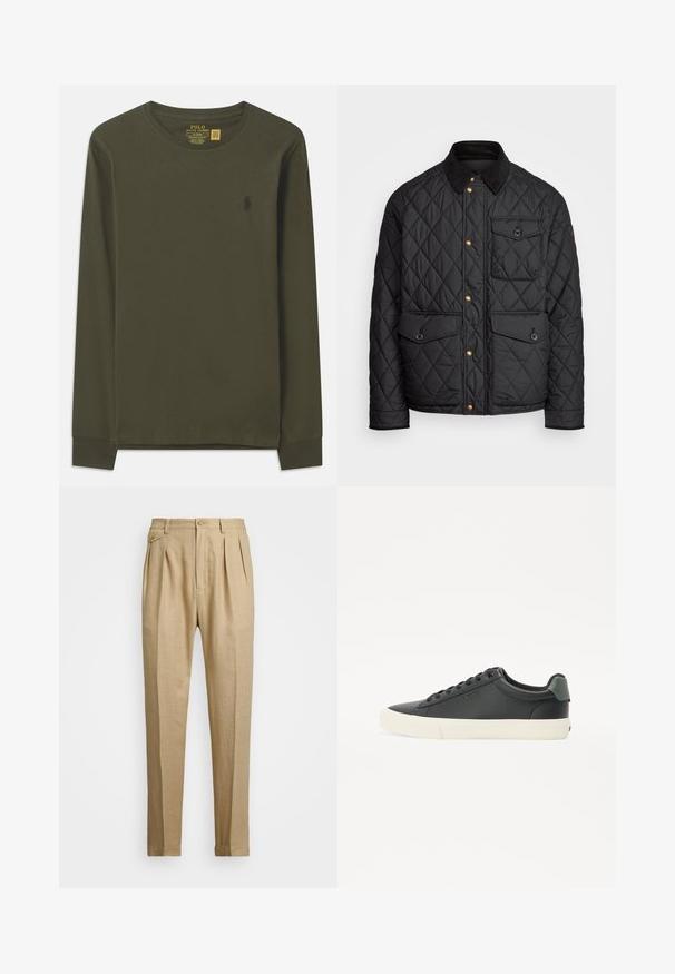 Veste noire matelassée avec un col en velours côtelé, des boutons-pression dorés, deux poches avant et une poche sur le côté gauche, avec un patch logo.; T-shirt à manches longues en coton vert olive avec un col rond et un petit logo sombre sur la poitrine gauche. Texture douce, design ajusté.; Pantalons en lin beige avec une coupe droite, arbore deux pinces à l'avant, une fermeture à bouton et des poches latérales. Tissu texturé avec une finition lisse.; Sneaker en cuir noir avec une finition texturée, semelle en caoutchouc blanche, bout rond et accent vert au talon. Design à lacets avec six œillets.