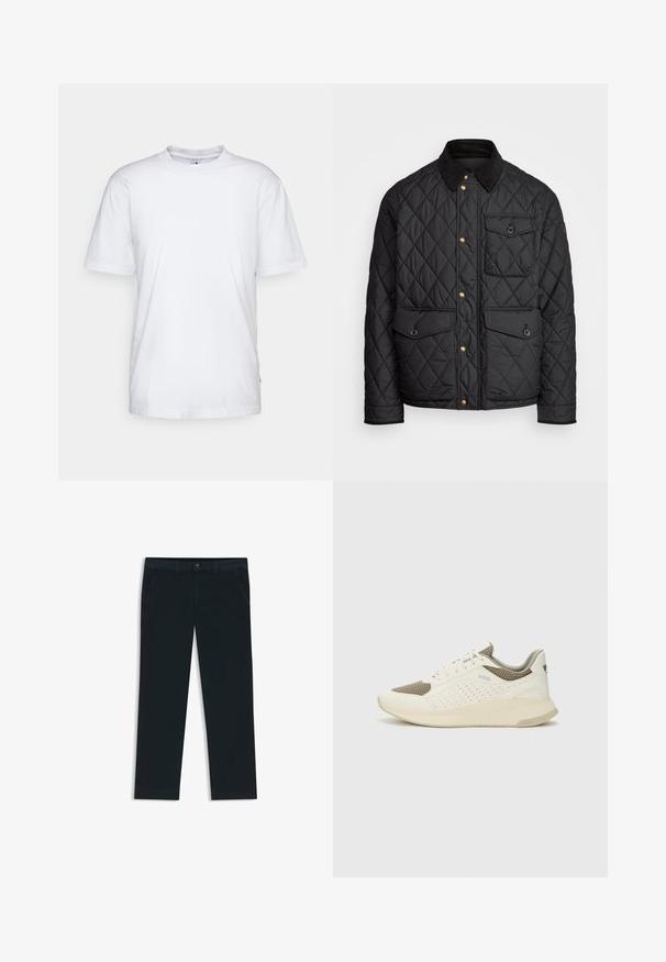 Zwarte gewatteerde jas met een corduroy kraag, gouden drukknoopsluitingen, twee voorzakken en een zak aan de linkerkant, voorzien van een logo patch.; Witte katoenen t-shirt met een ronde hals, korte mouwen en een rechte zoom. Heeft een klein merktag aan de linkerkant van de zijnaad.; Donkerblauwe chino's gemaakt van een katoenmix stof. Voorzien van riemlussen, front pockets en een rits met knoopsluiting.; Witte en lichtbeige sport sneaker, met een bovenwerk van mesh, geperforeerde details en een gestructureerde tussenzool met branding op de hiel.