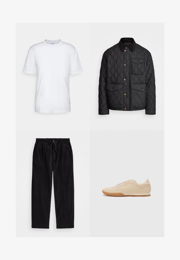 Čierna prešívaná bunda s kordovým golierom, zlatými cvokovými gombíkmi, dvoma prednými vreckami a vreckom na ľavej strane, so záplatou loga.; Biela bavlnená tričko s okrúhlym výstrihom, krátkymi rukávmi a rovnými okrajmi. Obsahuje malú značku na bočnom šve na ľavej strane.; Čierne manšestrové nohavice s uvoľneným strihom, s elastickým pásom a sťahovacou šnúrkou, a bočnými vreckami. Tkanina má rebrovanú štruktúru.; Béžové semišové tenisky s elegantným dizajnom, ktoré majú štruktúrovaný zvršok, zaoblenú špičku a gumovú podošvu so zigzagovým vzorom.
