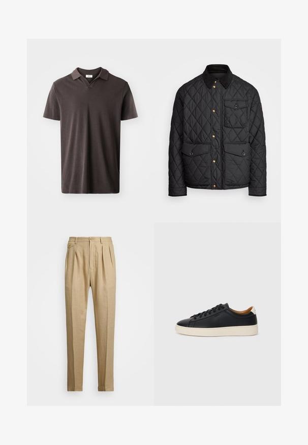 Sort quiltet jakke med en corduroy krave, guld trykknapper, to frontlommer og en lomme på venstre side, udstyret med et logo patch.; Mørkebrunt polo-shirt med korte ærmer, der har en klassisk krave og en subtil tekstureret stof, med en lige kant og et minimalistisk design.; Beige linnedbukser med lige snit, prydet med to forkørsler, knaplukning og sidelommer. Struktureret stof med en glat overflade.; Sorte lædersneakers med en glat overflade, beige gummisål, snørebåndsdesign og en kontrastfarvet hæl.