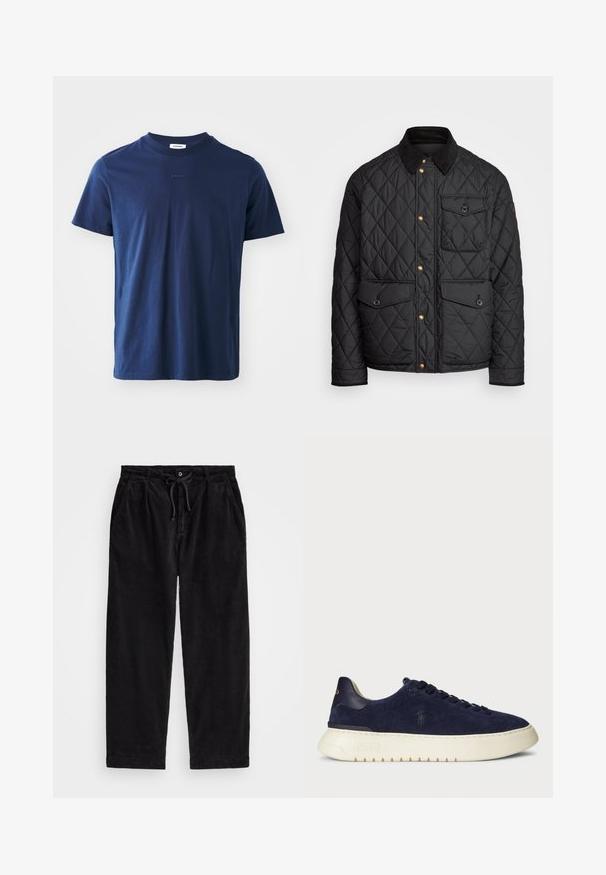 Svart quiltad jacka med en kordflöjelskrage, gyllene tryckknappar, två framfickor och en ficka på vänster sida, försedd med en logotypapplikation.; Marinblå bomullströja med korta ärmar, rund halsringning och subtil logotypdetalj fram. Slät textur med klassisk passform.; Svarta kordflamsbyxor med en avslappnad passform, med ett elastiskt midjeband och dragsko, samt sidofickor. Tyget har en ribbad struktur.; Mörkblå mocka låg top sneaker med en strukturerad yta, gummisula och tonade snören, med en liten logotyp på sidan och hälen.