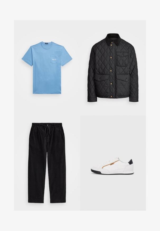 Casaco acolchoado preto com colarinho de veludo cotelê, botões de pressão dourados, dois bolsos frontais e um bolso no lado esquerdo, apresentando um patch de logotipo.; T-shirt azul claro de manga curta com decote redondo, com um bolso no peito bordado com "Polo RL" em fio branco.; Calças de veludo cotelê pretas com um ajuste relaxado, apresentando uma cintura elástica com cordão e bolsos laterais. O tecido apresenta uma textura canalizada.; Tênis atléticos brancos com detalhes em malha e couro. Apresenta um logotipo dourado "BOSS", painéis laterais texturizados e um capô de calcanhar preto. Sola em borracha.