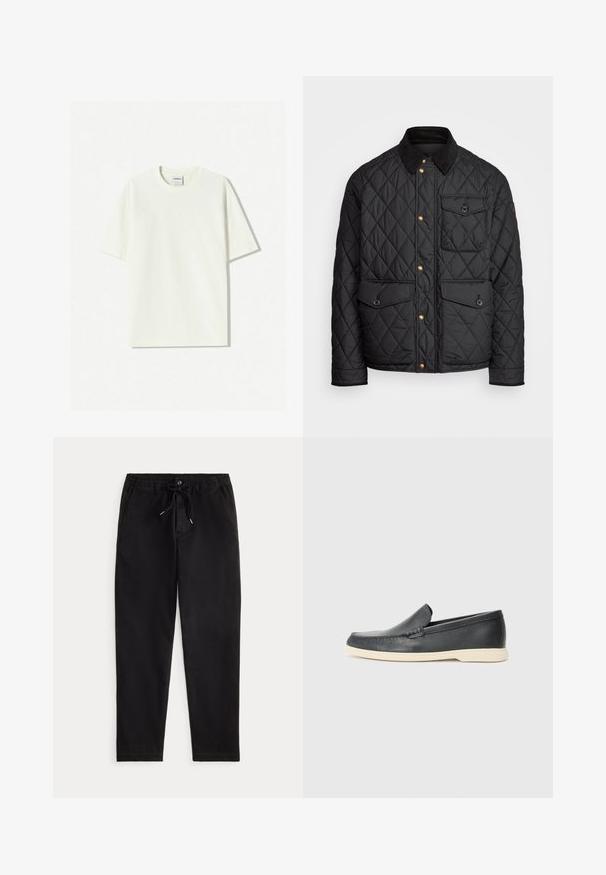 Črna prešita jakna s čimprijem ovratnikom, zlatimi gumbki, dvema sprednjima žepoma in enim žepom na levi strani, ki vsebuje žepno nalepko.; Bela oversize bombažna majica s kratkimi rokavi in okroglo ovratnikom ter etiketo prišito v ovratnik. Gladka tekstura, minimalističen dizajn.; Črne sproščene hlače z elastičnim pasom, vezalko, sprednjim gumbom in stranskimi žepi, prikazane na enostavni podlagi.; Črne usnjene natikače z teksturiranim zaključkom in kontrastno bež gumo na podplatu. Imajo subtilen naglas vzdolž sprednje strani.