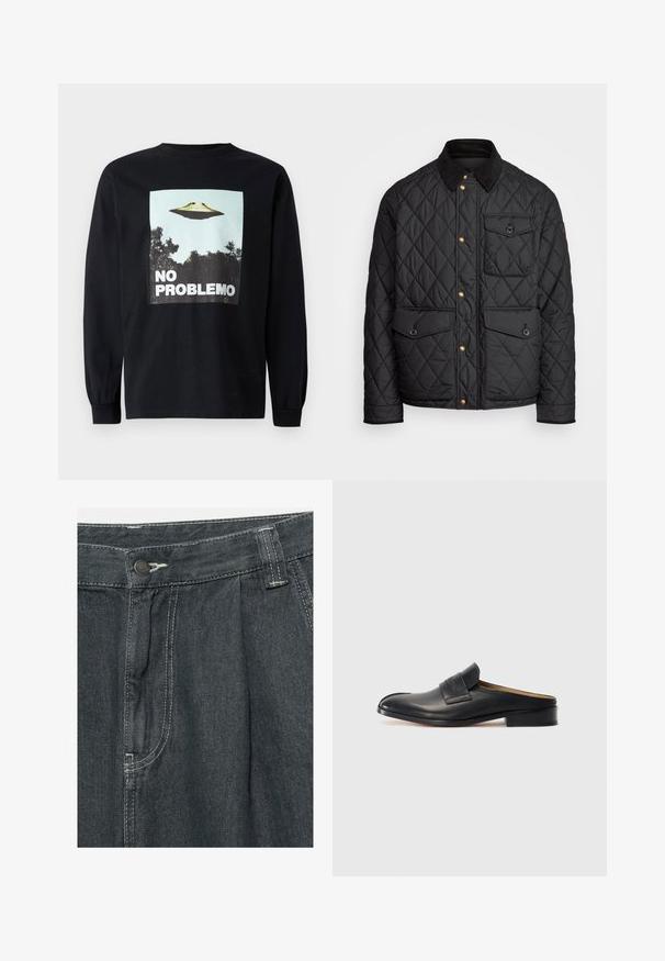Fekete steppelt dzseki corduroy gallérral, arany snap gombokkal, két elülső zsebbel és egy bal oldali zsebbel, logó jelvénnyel.; Fekete hosszú ujjas póló, amelyen egy repülő csészealj látható fák fölött, és a "NO PROBLEMO" felirat vastag fehér betűkkel.; Sötétszürke farmernadrág, plisszírozott elülső résszel, cipzáras és gombos záródással, valamint kontrasztos fehér varrással. Oldalzseb található rajta a praktikus használat érdekében.; Fekete bőr slip-on cipő lekerekített orral, alacsony blokk sarkával és elülső pánttal. Simább textúrájú, finom logó részlettel a pánton.