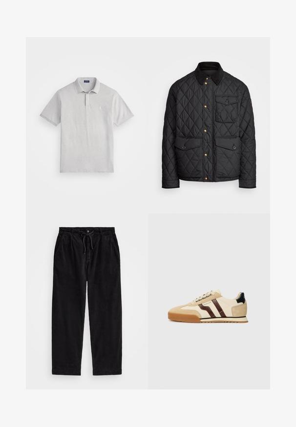 Černá prošívaná bunda s kordovým límcem, zlatými patentkami, dvěma předními kapsami a jednou kapsou na levé straně, která obsahuje nášivku s logem.; Světle šedé polo tričko z texturované bavlny s klasickým límečkem, dvoubarevným knoflíkovým zapínáním a malým vyšitým logem na hrudi.; Černé kordové kalhoty s volným střihem, vybavené elastickým pasem se šňůrkou a bočními kapsami. Tkanina má jemně rýhovanou strukturu.; GANT BAYLLE - Tenisky - sand