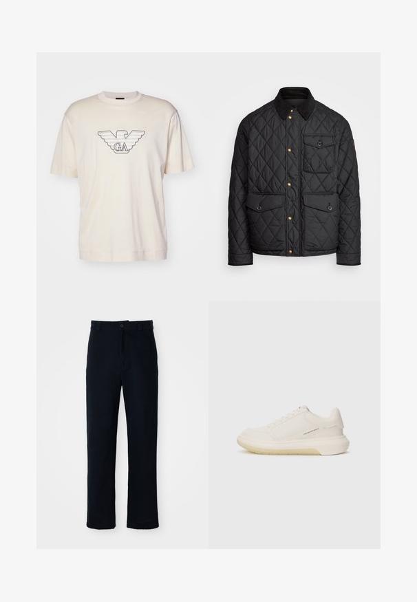 Melnā quiltota jaka ar velveteena apkakli, zeltītām spiedpogas, divām priekšējām kabatām un kabatu kreisajā pusē, ar logotipa uzlīmi.; Gai bēšas krāsas T-krekls no kokvilnas, ar lielu izšūtu ērgļa logo pelēkā un melnā krāsā uz krūtīm. Īsas piedurknes, brīvs piegriezums.; Kokvilnas tumši zilas bikses ar taisnu kāju dizainu, priekšējo pogu aizdari un klasisku jostasvietu ar jostas cilpiņām.; Baltas sporta apavi ar gludu ādas augšdaļu, noapaļotu purngali un biezu gumijas zolēm. Iezīmē minimālu dūri un diskrētu logo detaļu sānos.