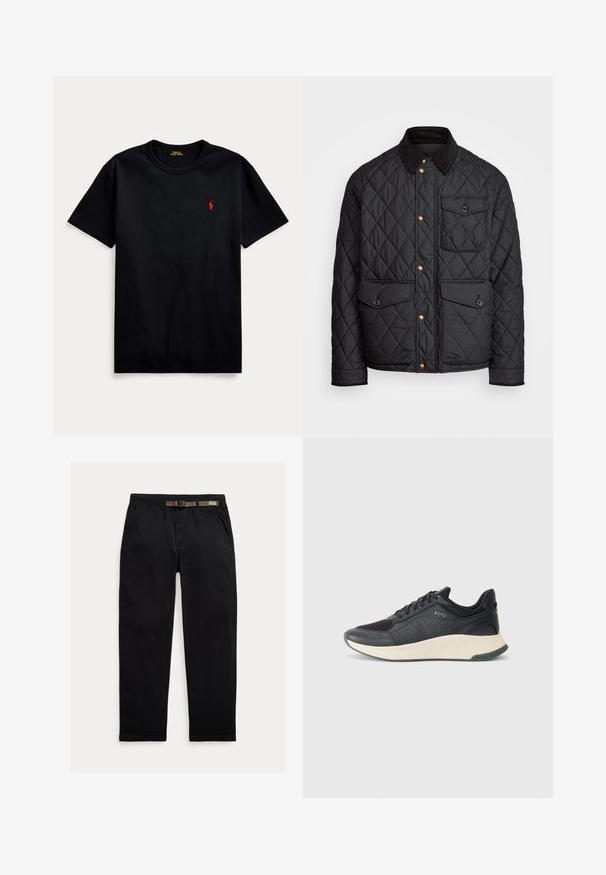 Černá prošívaná bunda s kordovým límcem, zlatými patentkami, dvěma předními kapsami a jednou kapsou na levé straně, která obsahuje nášivku s logem.; Černé bavlněné tričko s krátkým rukávem, kulatým výstřihem a malým červeným vyšitým logem na levé straně hrudi. Hladká textura, neformální design.; Černé kalhoty vyrobené z lehkého materiálu, s elastickým pasem a integrovaným zeleným páskem, rovného střihu a bočními kapsami.; Černá sportovní teniska s mřížkovou svrchní částí s perforacemi, texturovanou mezipodešví v krémové barvě a gumovou podešví pro lepší trakci.