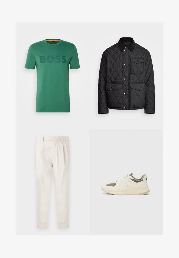 Juodas margintas paltas su kanapių apykakle, auksiniais spaudžiamais mygtukais, dviem priekinių didelėms kišenėms ir kišene kairėje pusėje, su logotipo etikete.; Žalias medvilnės marškinėliai trumpomis rankovėmis ir apvaliu kaklu, su užrašu "BOSS" tamsesne žalia spalva per krūtinę.; Balti, susiūtos kelnes, turinčios pritaikytą siluetą, pasižyminčias lygia tekstūra, dirželio kilpomis ir siaurėjančiomis kojomis. Nėra matomų kišenių ar raštų.; Baltas ir šviesiai bežinis sportinis kedas, su tinklo viršumi, perforuotais detalėmis ir tekstūruotu tarpine su logotipu ant kulno.