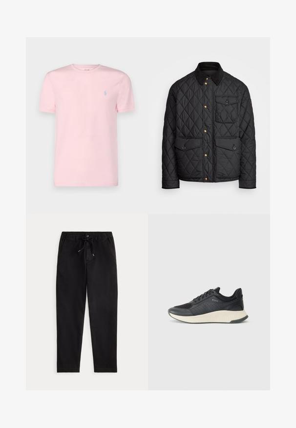 Svart quiltad jacka med en kordflöjelskrage, gyllene tryckknappar, två framfickor och en ficka på vänster sida, försedd med en logotypapplikation.; Polo Ralph Lauren CUSTOM SLIM FIT JERSEY CREWNECK T-SHIRT - T-shirt - bas - hint of pink; Svarta avslappnade byxor med elastiskt midjeband, snörning, framknapp och sidofickor, visade på en enfärgad bakgrund.; Svart atletisk sneakers med ovandel i mesh och perforeringar, en texturerad mellansula i krämfärg och en gummisula för bra grepp.