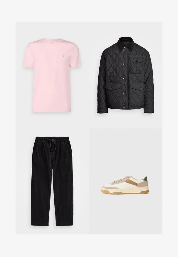 Casaco acolchoado preto com colarinho de veludo cotelê, botões de pressão dourados, dois bolsos frontais e um bolso no lado esquerdo, apresentando um patch de logotipo.; Polo Ralph Lauren CUSTOM SLIM FIT JERSEY CREWNECK T-SHIRT - T-shirt básica - hint of pink; Calças de veludo cotelê pretas com um ajuste relaxado, apresentando uma cintura elástica com cordão e bolsos laterais. O tecido apresenta uma textura canalizada.; Ténis em bege, creme e verde oliva, com materiais em camurça e couro, bico redondo, design minimalista e sola em borracha.