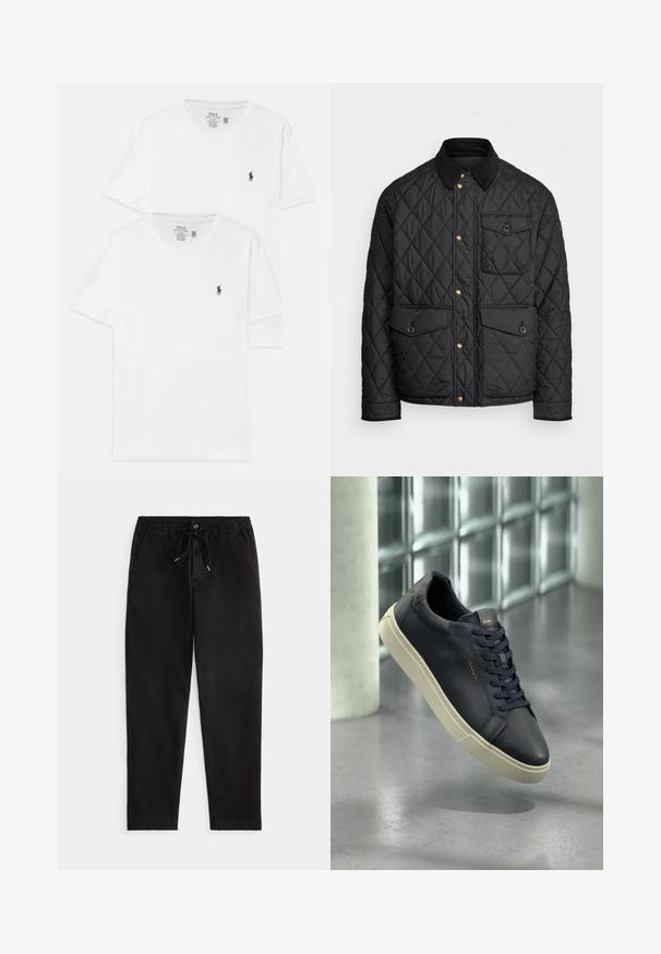 Black quilted jacket with a corduroy collar, gold snap buttons, two front pockets, and a pocket on the left side, featuring a logo patch.; Two white cotton t-shirts with short sleeves, featuring a small navy logo on the chest and a classic crew neckline.; Black casual trousers with elastic waistband, drawstring tie, front button, and side pockets, displayed on a plain background.; Navy leather sneaker with rounded toe, flat laces, and textured sole; features logo on tongue, contrasted by a cream-colored outsole.