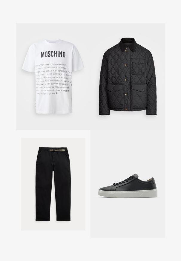 Schwarze gesteppte Jacke mit einem Cordkragen, goldenen Druckknöpfen, zwei Fronttaschen und einer Tasche auf der linken Seite, die ein Logopatch aufweist.; Weißes T-Shirt mit kurzen Ärmeln, das das auffällige schwarze "MOSCHINO"-Logo und italienischen Text in verschiedenen Schriftarten auf der Vorderseite trägt. Normale Passform.; Schwarze Hose aus leichtem Material, mit einem elastischen Bund und einem integrierten grünen Gürtel, geradem Beinabschluss und seitlichen Taschen.; Schwarze Ledersneaker mit glatter Textur, runder Zehenform und schwarzen Schnürsenkeln. Verfügt über eine dicke, weiße Gummisohle mit subtilen geometrischen Akzenten.