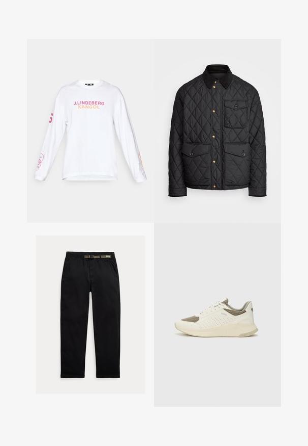 Fekete steppelt dzseki corduroy gallérral, arany snap gombokkal, két elülső zsebbel és egy bal oldali zsebbel, logó jelvénnyel.; Fehér, hosszú ujjú póló, amelyen a "J. LINDEBERG KANGOL" felirat pink és narancssárga színben található. A bal ujján pink grafikai részlet látható. Pamut anyag.; Fekete nadrág, könnyű anyagból készült, elasztikus derékpánttal és beépített zöld övvel, egyenes lábvonallal és oldalsó zsebekkel.; Fehér és világos bézs sportcipő, légies hálós felsőrésszel, perforált részletekkel és texturált középtalppal, amelyen a saroknál a márka logója található.