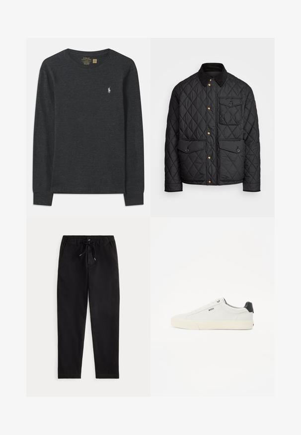 Czarna pikowana kurtka z kołnierzem z sztruksu, złotymi zatrzaskami, dwoma przednimi kieszeniami oraz kieszenią po lewej stronie, z naszywką z logo.; Czarna koszula z długim rękawem, wykonana z bawełny. Posiada okrągły dekolt i małe haftowane logo na lewej piersi. Miękka faktura.; Czarne casualowe spodnie z elastycznym pasem, sznurkiem do regulacji, guzikiem z przodu oraz bocznymi kieszeniami, zaprezentowane na jednolitym tle.; Białe skórzane sneakersy z teksturowanym wykończeniem, z czarnym zapiętkiem, okrągłym noskiem i czarnym logo po boku. Lekka gumowa podeszwa.