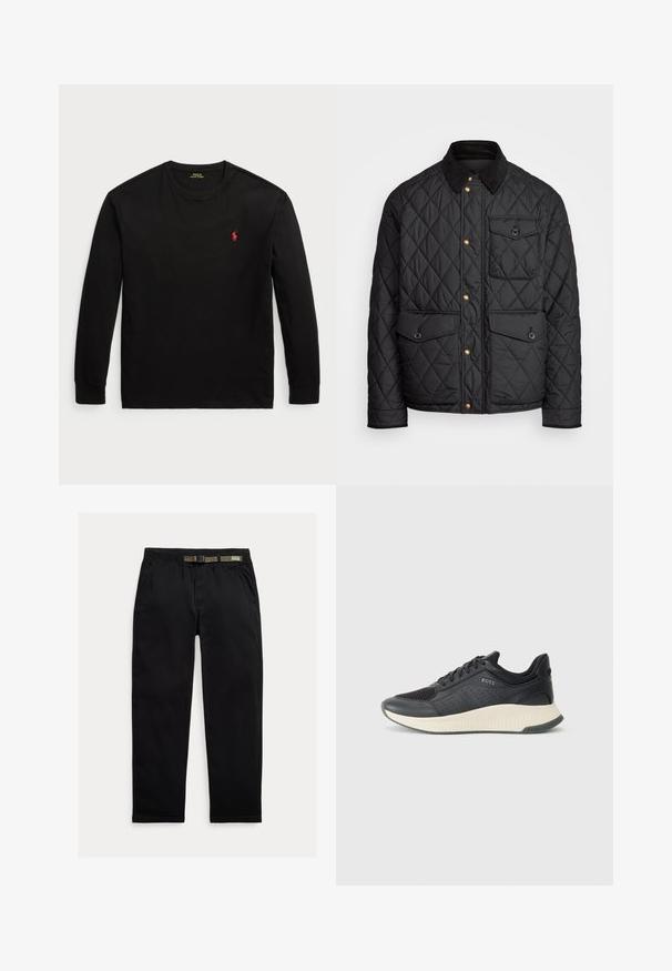 Casaco acolchoado preto com colarinho de veludo cotelê, botões de pressão dourados, dois bolsos frontais e um bolso no lado esquerdo, apresentando um patch de logotipo.; Camisola de manga longa preta feita de algodão. Apresenta um colarinho redondo, punhos canelados e um pequeno logo bordado vermelho no peito. Textura suave.; Calças pretas feitas de um tecido leve, com uma cintura elástica com um cinto verde integrado, corte reto e bolsos laterais.; Sapatilha atlética preta com parte superior em malha com perfurações, uma entressola texturizada em creme e uma sola de borracha para tração.