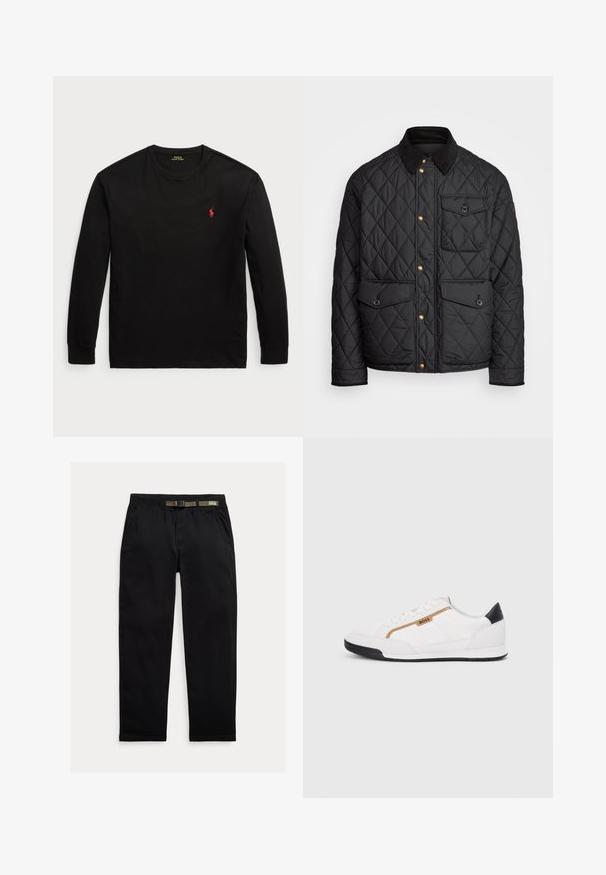 Μαύρο πλισέ μπουφάν με κόκκινο γιακά, χρυσά κουμπιά, δύο μπροστινές τσέπες και μια τσέπη στην αριστερή πλευρά, με λάδι λογότυπου.; Μαύρο μπλουζάκι με μακριά μανίκια από βαμβάκι. Διαθέτει στρογγυλή λαιμόκοψη, ριγωτές μανσέτες και ένα μικρό κόκκινο κεντητό λογότυπο στο στήθος. Λείο υφή.; Μαύρο παντελόνι από ελαφρύ ύφασμα, με ελαστική μέση και ενσωματωμένη πράσινη ζώνη, ίσιο κόψιμο και πλαινές τσέπες.; Λευκά αθλητικά παπούτσια με λεπτομέρειες από διχτυωτό και δερμάτινο υλικό. Διαθέτουν χρυσό λογότυπο "BOSS", υφασμάτινες πλευρές με υφή και μαύρη κάλυψη στη φτέρνα. Ελαστική σόλα.