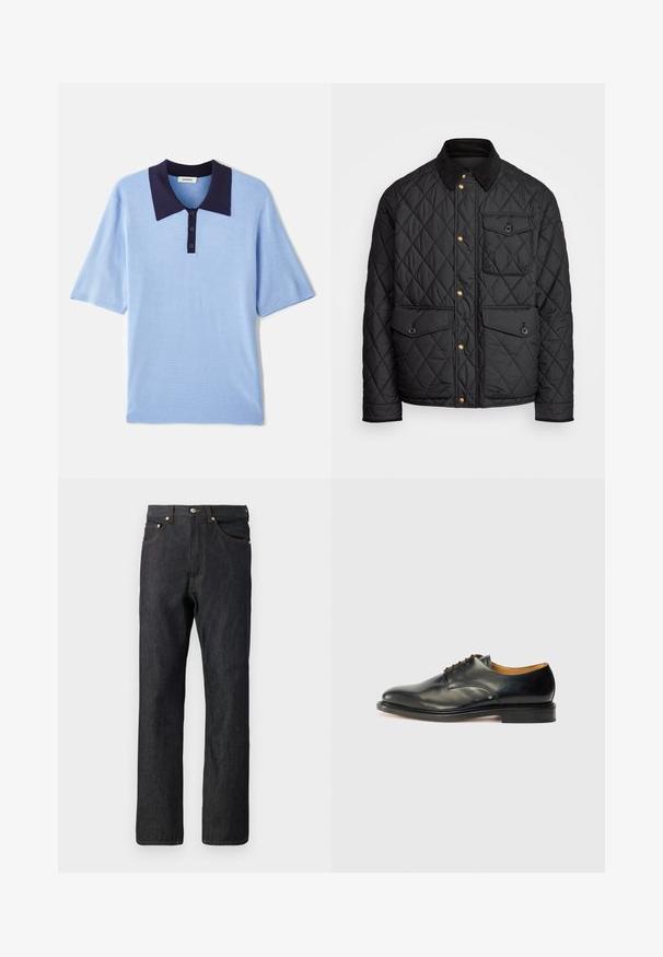 Fekete steppelt dzseki corduroy gallérral, arany snap gombokkal, két elülső zsebbel és egy bal oldali zsebbel, logó jelvénnyel.; Világoskék, rövid ujjú pólóing sötétkék gallérral és háromgombos nyakkal. Texturált anyag, puha és lélegző felülettel.; Sötétkék farmernadrág egyenes szabással. Öt zsebbel, narancssárga varrással és gombos záródással a deréknál.; Fekete bőr dresszcipő sima felülettel, kerek orral és minimális fűzéssel. Diszkrét dizájn jellemzi, alacsony, masszív gumitalpakkal.