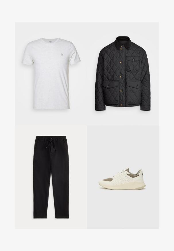 Giacca nera trapuntata con colletto in corduroy, bottoni a pressione dorati, due tasche frontali e una tasca sul lato sinistro, con un patch del logo.; T-shirt in cotone grigio chiaro con scollo rotondo e maniche corte. Presenta un piccolo logo ricamato sul lato sinistro del petto. Tessuto morbido.; Pantaloni casual neri con vita elastica, laccio regolabile, bottone frontale e tasche laterali, esposti su uno sfondo neutro.; Sneaker atletica bianca e beige chiaro, con tomaia in mesh, dettagli perforati e una suola intermedia texturizzata con marchio sul tallone.