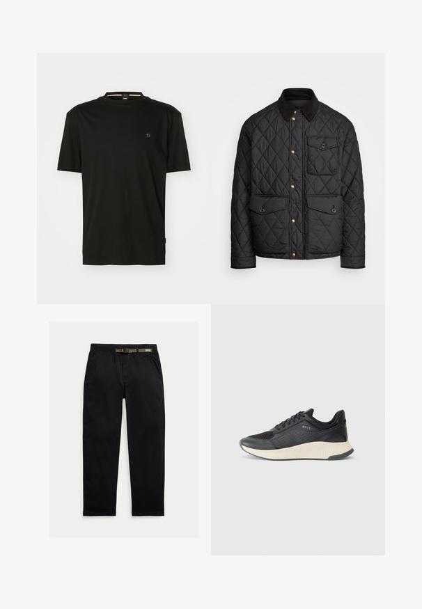 Casaco acolchoado preto com colarinho de veludo cotelê, botões de pressão dourados, dois bolsos frontais e um bolso no lado esquerdo, apresentando um patch de logotipo.; T-shirt preta feita de algodão suave, com decote redondo e mangas curtas. Pequeno logo no lado esquerdo do peito e design minimalista.; Calças pretas feitas de um tecido leve, com uma cintura elástica com um cinto verde integrado, corte reto e bolsos laterais.; Sapatilha atlética preta com parte superior em malha com perfurações, uma entressola texturizada em creme e uma sola de borracha para tração.