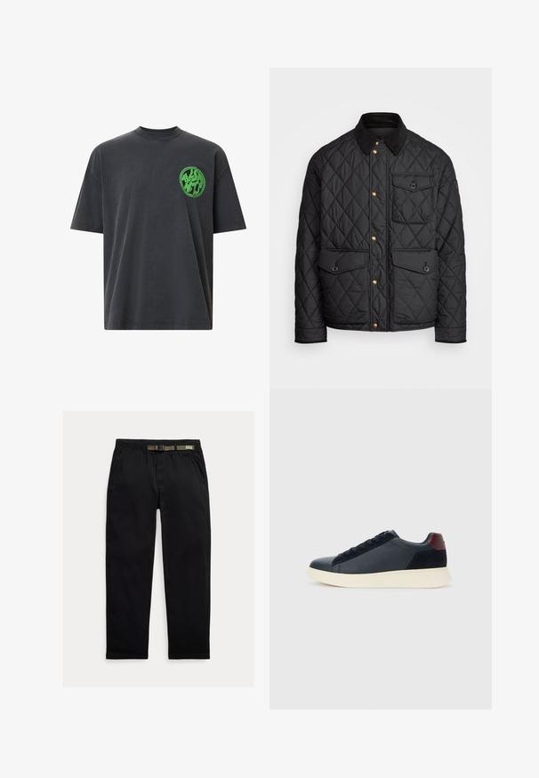 Casaco acolchoado preto com colarinho de veludo cotelê, botões de pressão dourados, dois bolsos frontais e um bolso no lado esquerdo, apresentando um patch de logotipo.; Camiseta de algodão cinza com mangas curtas, gola redonda, apresentando um logótipo verde circular na área do peito esquerdo. Textura suave.; Calças pretas feitas de um tecido leve, com uma cintura elástica com um cinto verde integrado, corte reto e bolsos laterais.; Sapatilha baixa masculina em couro preto e camurça com aba de calcanhar em amarelo-escuro e sola de borracha branca, vista do lado exterior.