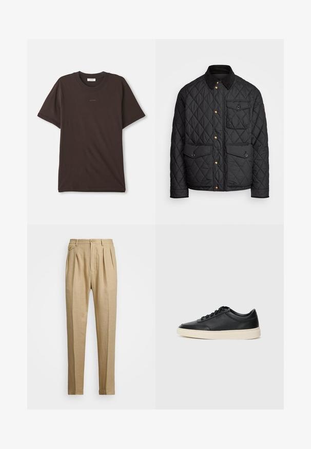 Svart quiltad jacka med en kordflöjelskrage, gyllene tryckknappar, två framfickor och en ficka på vänster sida, försedd med en logotypapplikation.; Mörkbrun t-shirt med kort ärm och rund halsringning, med "SANDRO"-logotypen centrerad över bröstet och en etikett inuti halsringningen.; Beiga linnbyxor med rak passform, med två framveck, knappstängning och sidofickor. Strukturerad tyg med en mjuk yta.; Svart låg skor i läder med svarta snören och off-white sula, visas i sidoprofil på vit bakgrund.