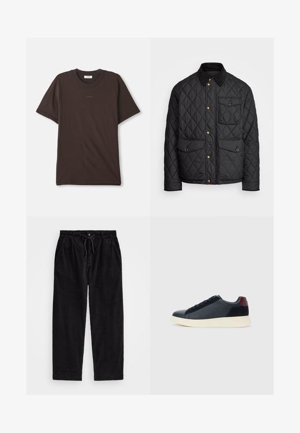 Giacca nera trapuntata con colletto in corduroy, bottoni a pressione dorati, due tasche frontali e una tasca sul lato sinistro, con un patch del logo.; T-shirt a maniche corte color marrone scuro, girocollo, con il logo "SANDRO" centrato sul petto e un'etichetta all'interno del collo.; Pantaloni in velluto a coste neri con una vestibilità rilassata, dotati di una vita elasticizzata con cordoncino e tasche laterali. Il tessuto presenta una texture a coste.; Sneaker da uomo a basso profilo in pelle nera e suede con linguetta sul tallone color bordeaux e suola in gomma bianca, vista dal lato esterno.
