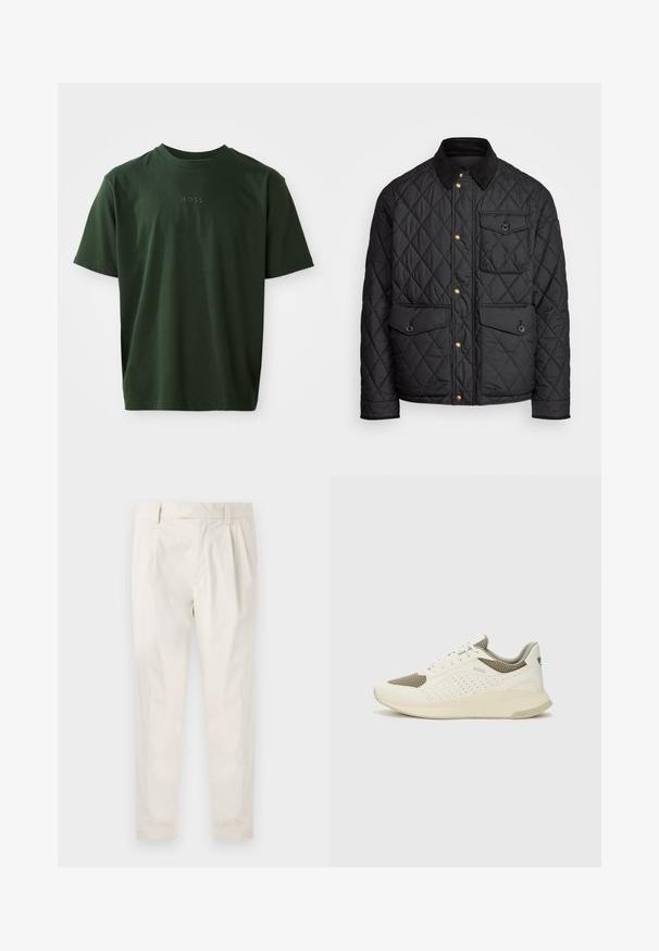 Juodas margintas paltas su kanapių apykakle, auksiniais spaudžiamais mygtukais, dviem priekinių didelėms kišenėms ir kišene kairėje pusėje, su logotipo etikete.; Tamsiai žalia trumpomis rankovėmis marškinėliai, pagaminti iš minkštos medžiagos. Turintys apvalią iškirptę ir subtilų, iškilų "BOSS" logotipą priekyje.; Balti, susiūtos kelnes, turinčios pritaikytą siluetą, pasižyminčias lygia tekstūra, dirželio kilpomis ir siaurėjančiomis kojomis. Nėra matomų kišenių ar raštų.; Baltas ir šviesiai bežinis sportinis kedas, su tinklo viršumi, perforuotais detalėmis ir tekstūruotu tarpine su logotipu ant kulno.