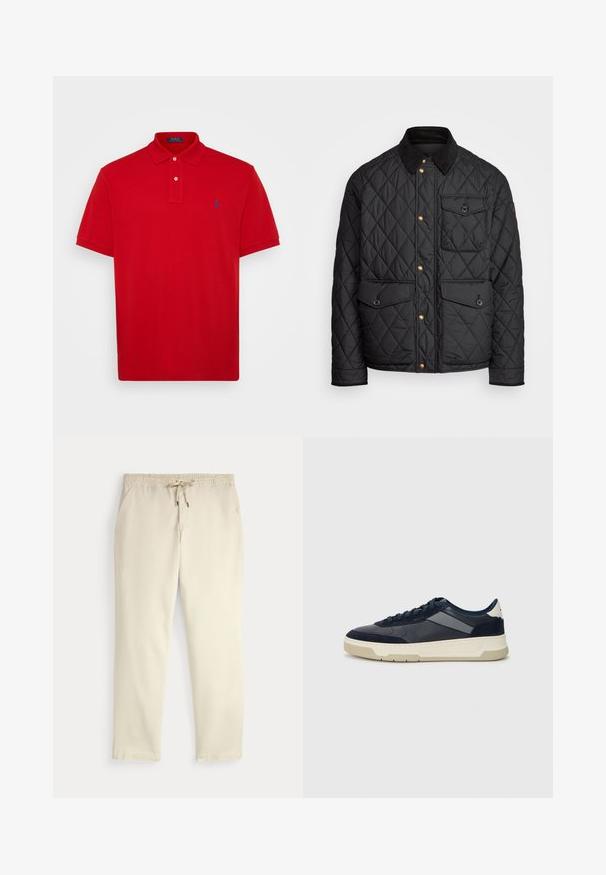 Crni quiltani kaput s ovratnikom od fiksa, zlatnim dugmadi na preklop, dva prednja džepa i džepom s lijeve strane, s logom na zakrpi.; Polo Ralph Lauren Big & Tall THE ICONIC MESH POLO SHIRT - Polo majica - martin red; Bež ležerne hlače s elastičnim pojasom i uvećom, ravnim nogavicama i bočnim džepovima na jednobojnoj pozadini.; BOSS BALTIMORE - Tenisice - open blue