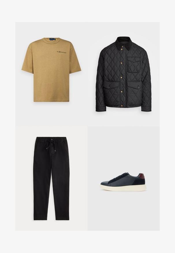 Melnā quiltota jaka ar velveteena apkakli, zeltītām spiedpogas, divām priekšējām kabatām un kabatu kreisajā pusē, ar logotipa uzlīmi.; Polo Ralph Lauren SHORT SLEEVED - Pamata T-krekls - desert khaki; Melnas ikdienas bikses ar elastīgu josta, aukliņu, priekšējo pogu un sānu kabatām, attēlotas uz neitrāla fona.; Zemāko vīriešu sporta apavu modelis melnā ādas un zamša apdarē ar bordo krāsas papēža cilpu un baltu gumijas zoli, skatoties no ārējās puses.